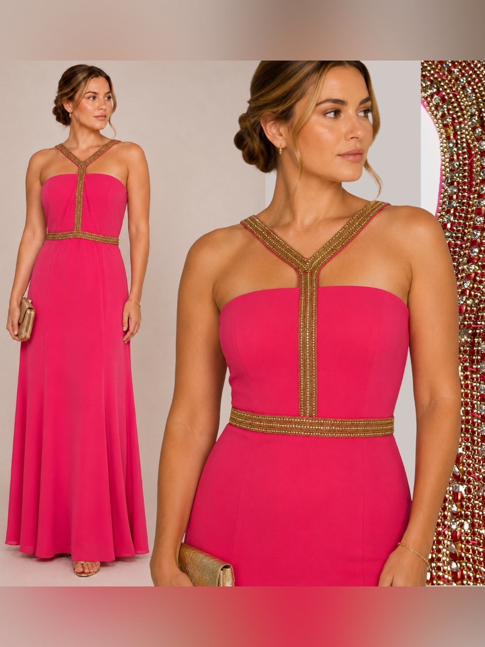 JS Collections Formal Gown Floor Length Maxi Dress Gold Beaded Barbie Pink Sz 12